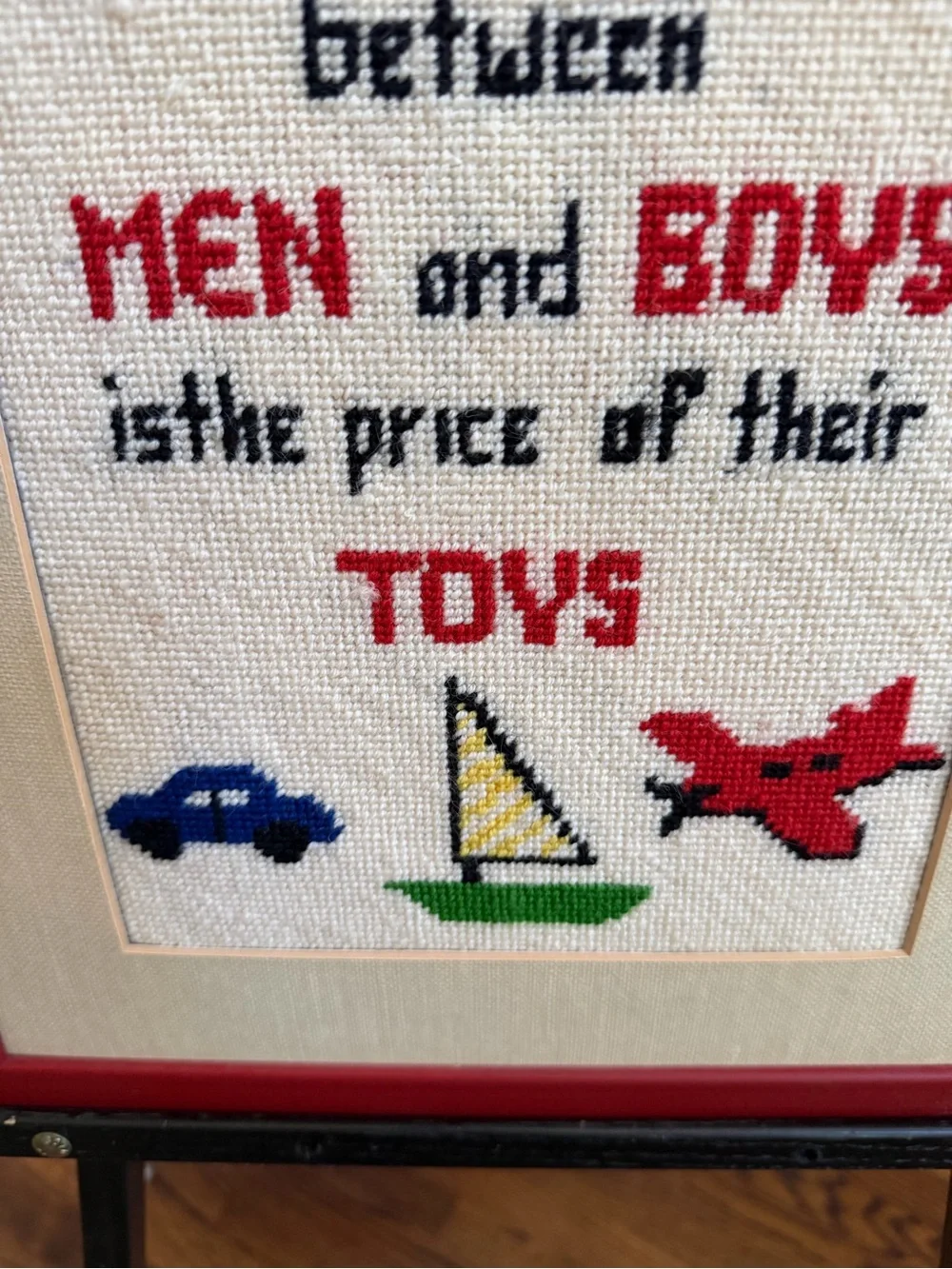 Framed Cross-Stitch Art - Men & Their Toys Red Frame, Multi-Color